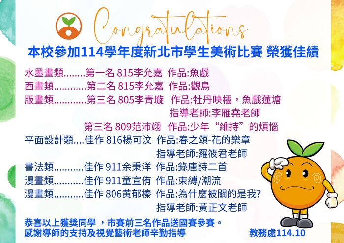 恭喜本校學生參加114學年度新北市學生美術比賽 榮獲佳績!!!圖片