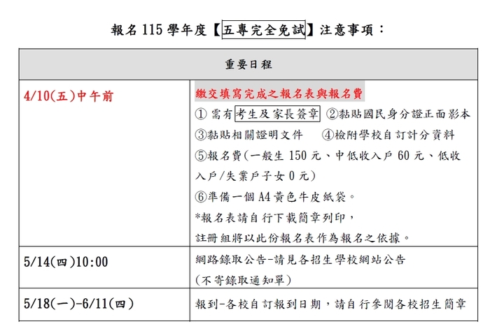 五專完免-校內報名期程